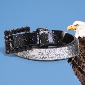 Kurt Geiger belt metallic silver black rhinestone buckle eagle head $88 new